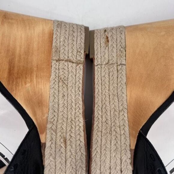 Coach Gala Black Leather Wedges Espadrille Wood Size 10 Peep toe T Strap Sandals - Picture 4 of 12